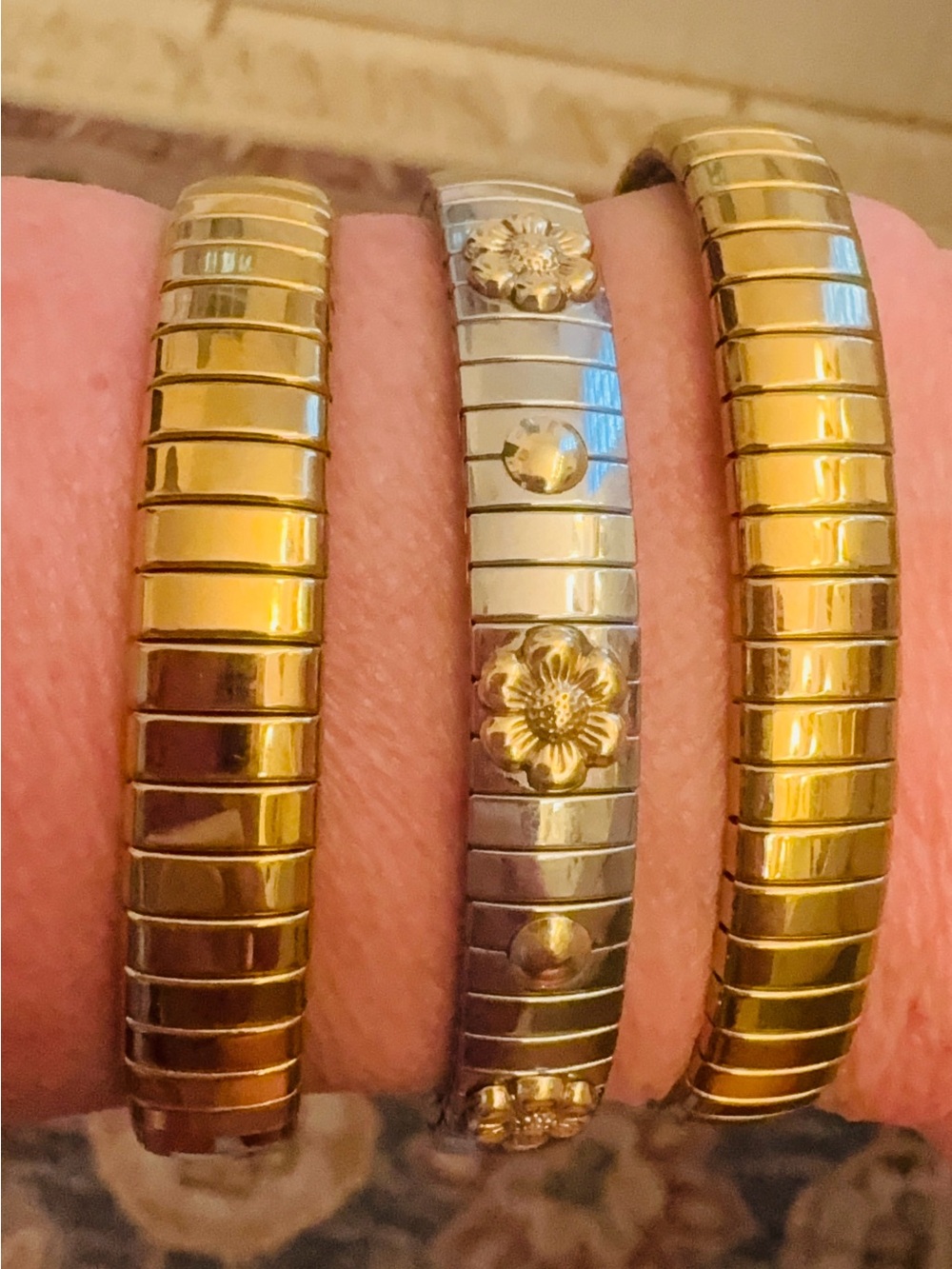 Stainless Steel Never Tarnish Expandable Bracelet Set With 14 KT Gold Flowers